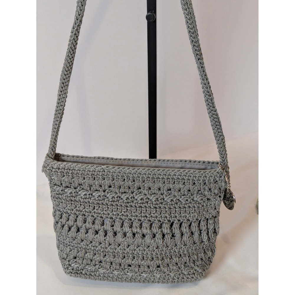 The Sak Crochet Shoulder Bag Gray Knit Zip Top Purse Boho Casual